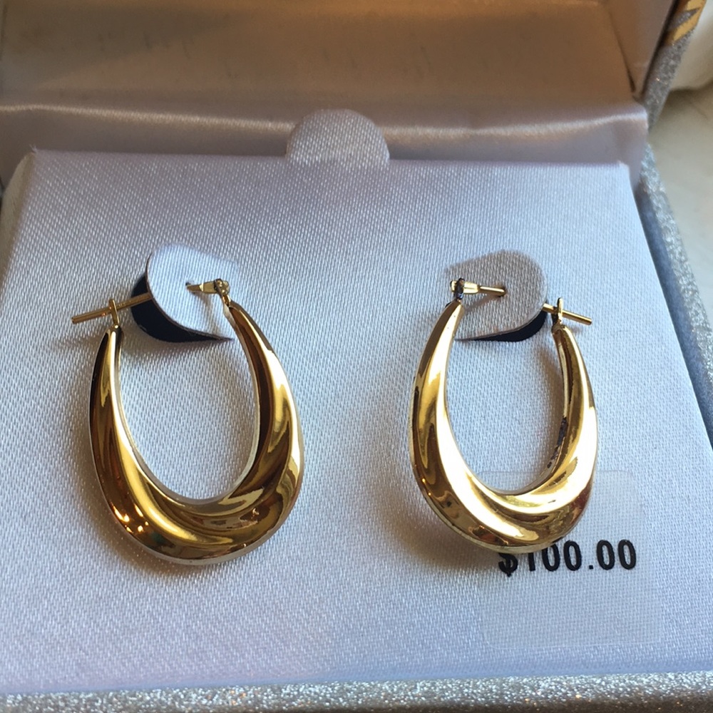 Earrings: 1” oval. 14k gold plate over sterling.